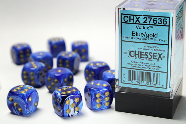 Chessex: Vortex Blue/Gold 16mm d6 Dice Block with 12 Dice