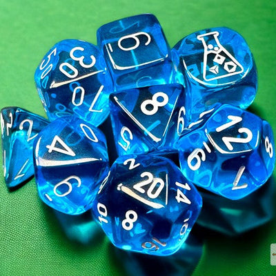 Dice, Translucent Tropical Blue/White Polyhedral 7-Dice Set With Bonus Die