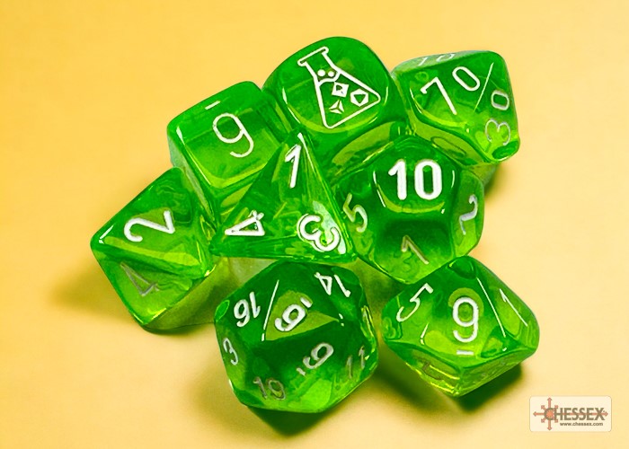 Translucent Rad Green/White Polyhedral 7-Dice Set With Bonus Die