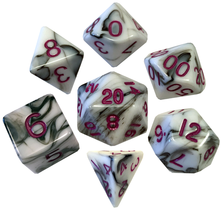 Fanroll: Marble with Purple Numbers 16mm Acrylic Polyhedral Dice Set