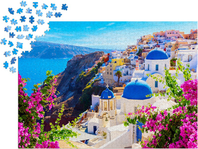 Jigsaw Puzzles, Enjoy Puzzle: Santorini View with Flowers 1000pc Puzzle