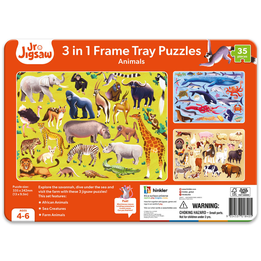 Jr. Jigsaw: 3 in 1 Frame Tray Puzzles – Animals