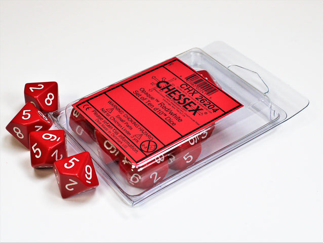 Opaque Red Dice with White Numbers 0-9; 10 Pack