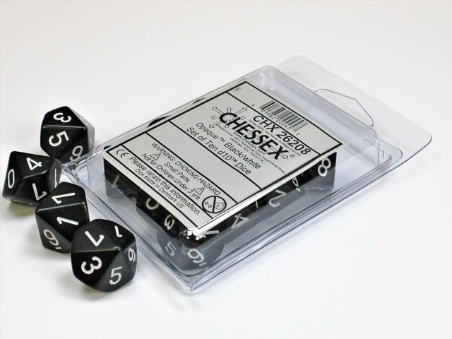 Opaque Black Dice with White Numbers 0-9; 10 Pack