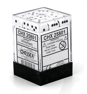 Dice, Opaque White/Black D6 36PK