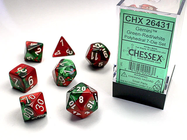 Gemini Green Red/White 7 Poly-Dice Set