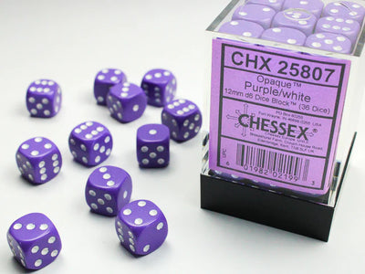 Dice, Opaque Purple/White D6 36Pack