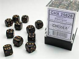 Dice, Opaque Black/Gold D6 36Pack