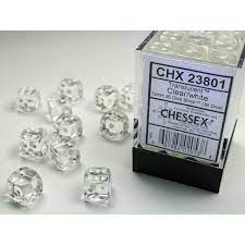 Dice, Transparent Clear/White 12mm D6 36Pack