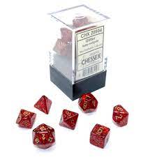Dice, Mini Glitter Ruby Red Gold 7 Poly Dice Set
